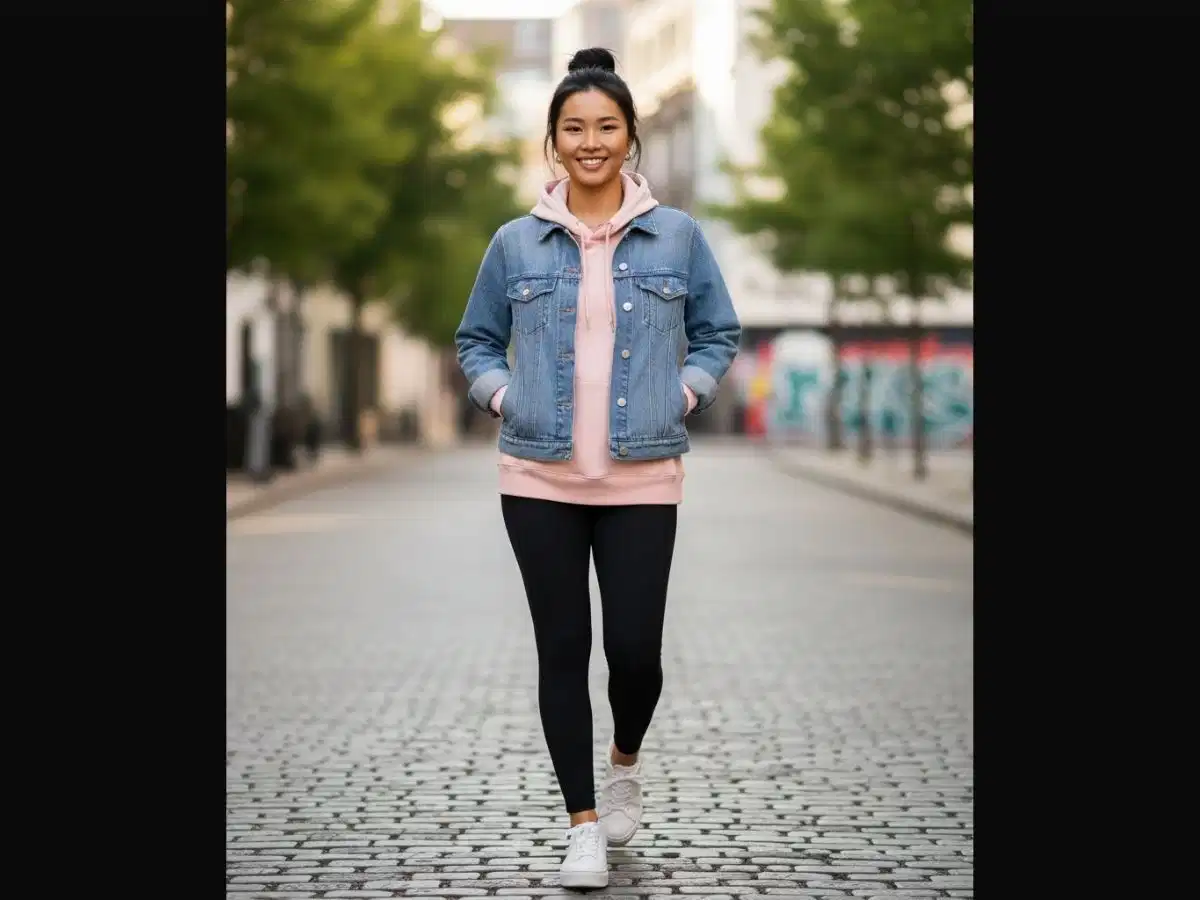 Layering áo khoác jeans và hoodie tông pastel cho nữ Bạn nữ mặc áo khoác jeans ngoài hoodie màu hồng pastel kết hợp quần legging đen