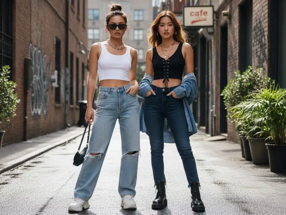 Crop tank top phối với quần jeans cạp cao