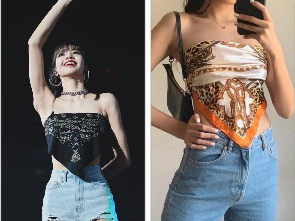 Khăn bandana biến tấu thành áo quây vạt nhọn phối với quần jean cạp cao