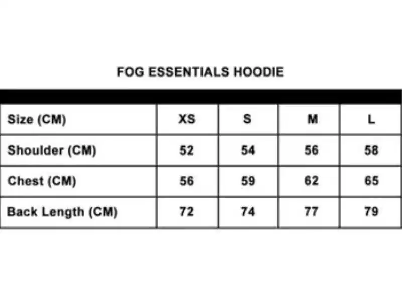 Bảng số đo kích cỡ tiêu chuẩn của áo hoodie Fear of God Essentials