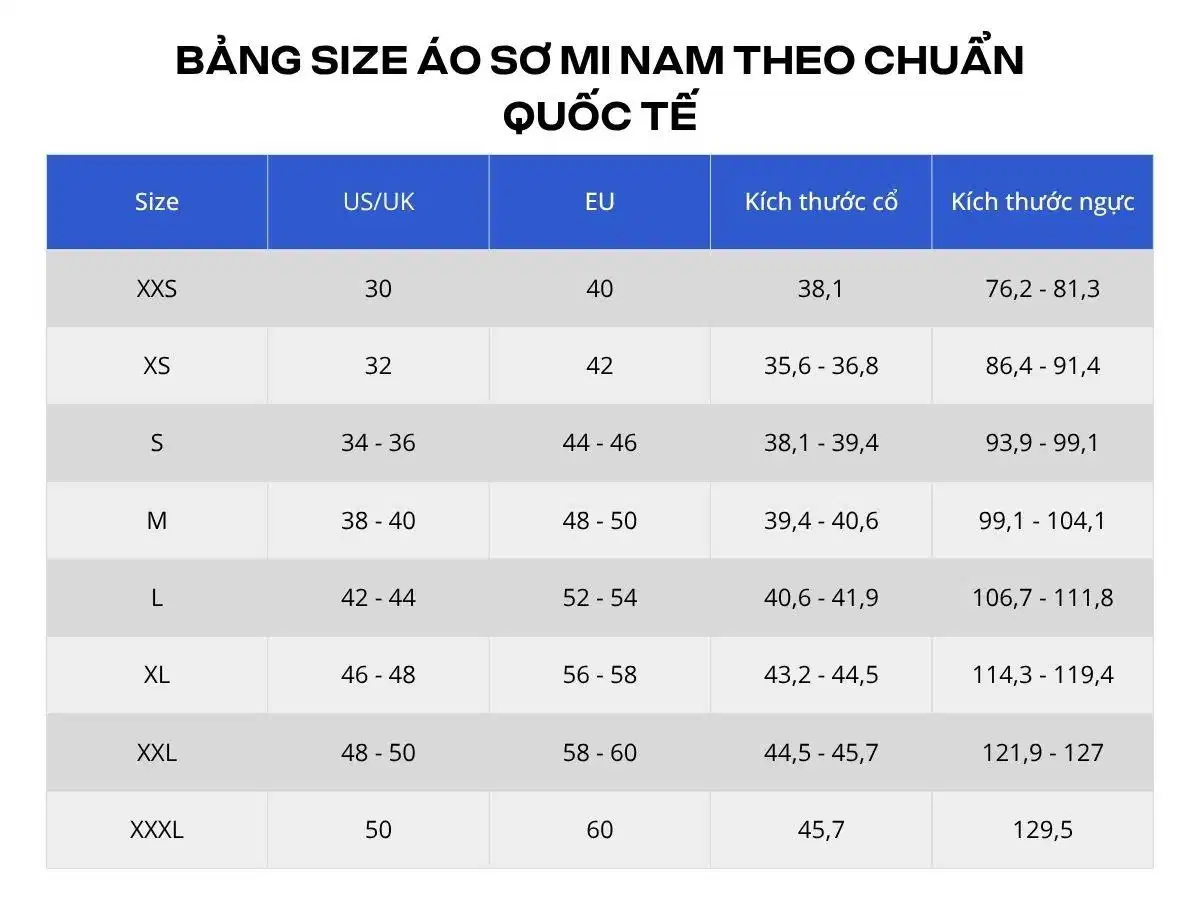 Bảng size áo sơ mi nam quốc tế Bảng size áo sơ mi nam quốc tế