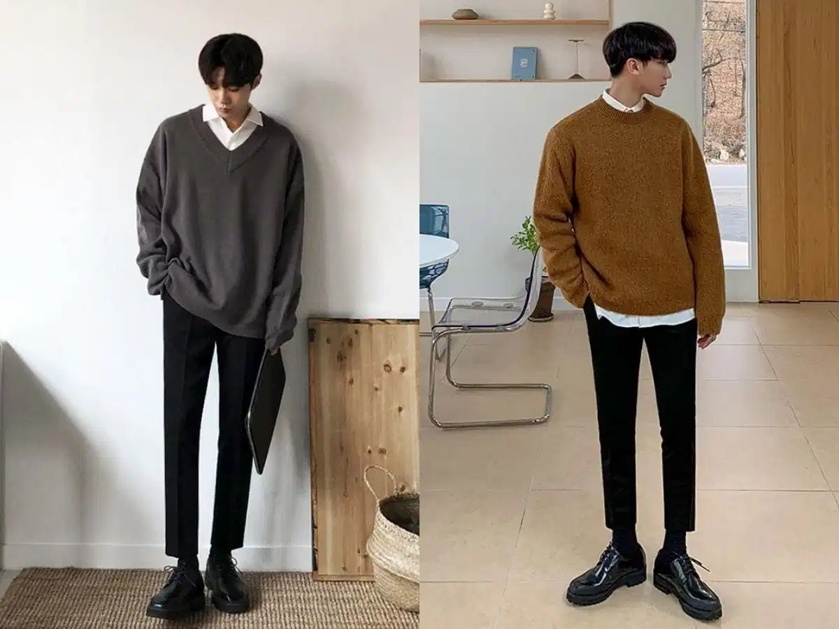 Sweater form rộng mix quần tây ống suông Phối sweater nam form rộng với quần tây âu ống suông