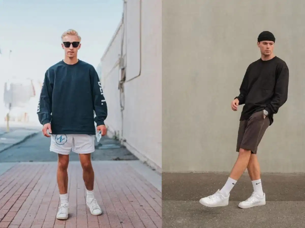 Sweater nam form rộng phối quần short cho ngày giao mùa Phối áo sweater nam form rộng với quần short
