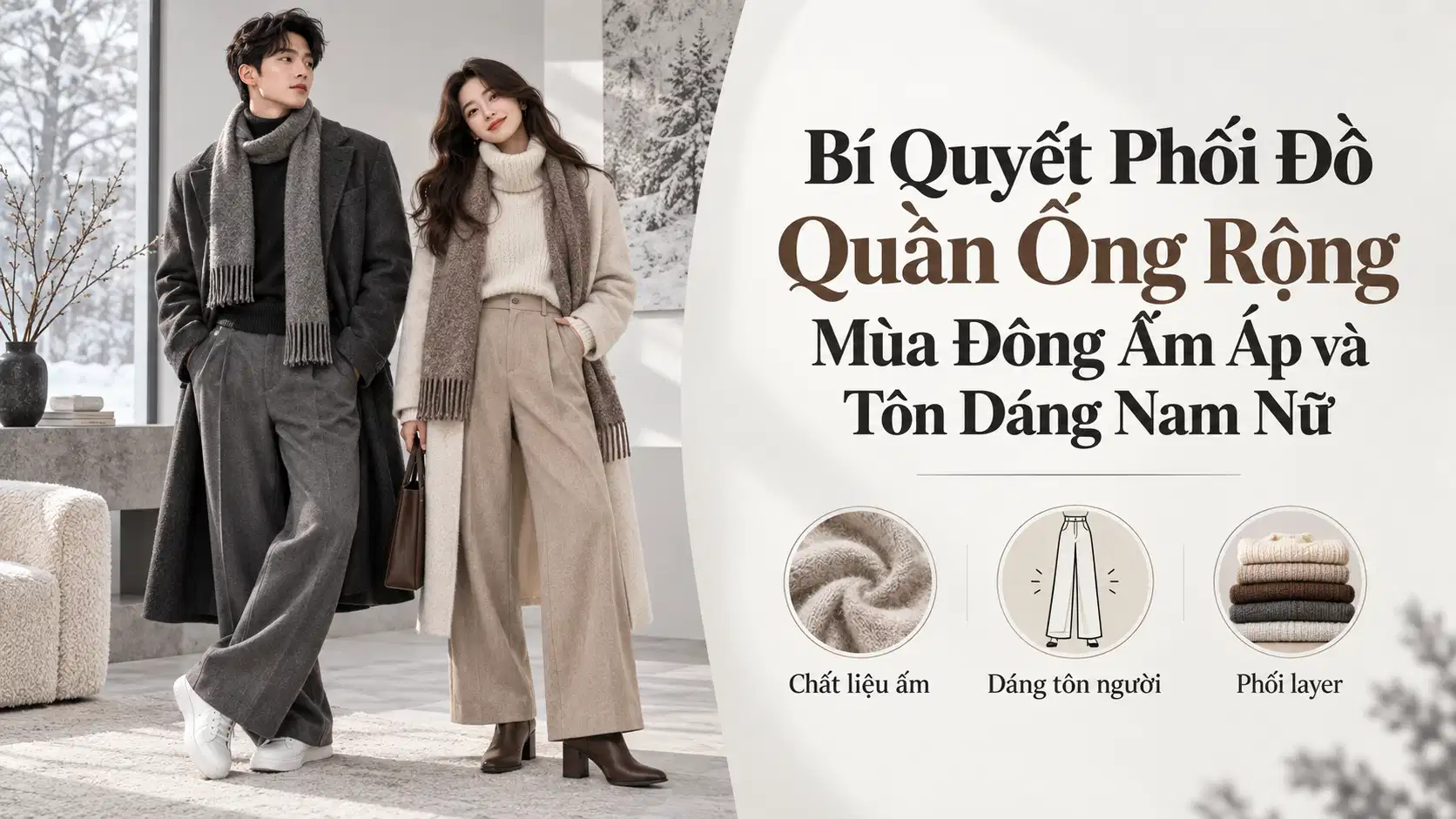 Bí Quyết Phối Đồ Quần Ống Rộng Mùa Đông Ấm Áp và Tôn Dáng Nam Nữ