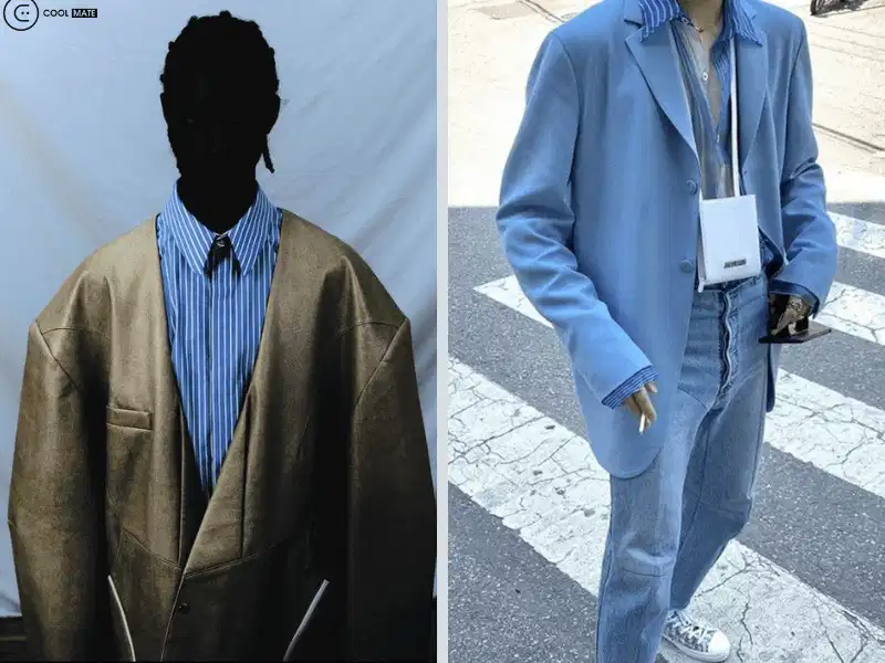 Sơ mi sọc xanh kết hợp cùng áo khoác blazer Phối áo sơ mi sọc xanh bên trong áo khoác blazer nam