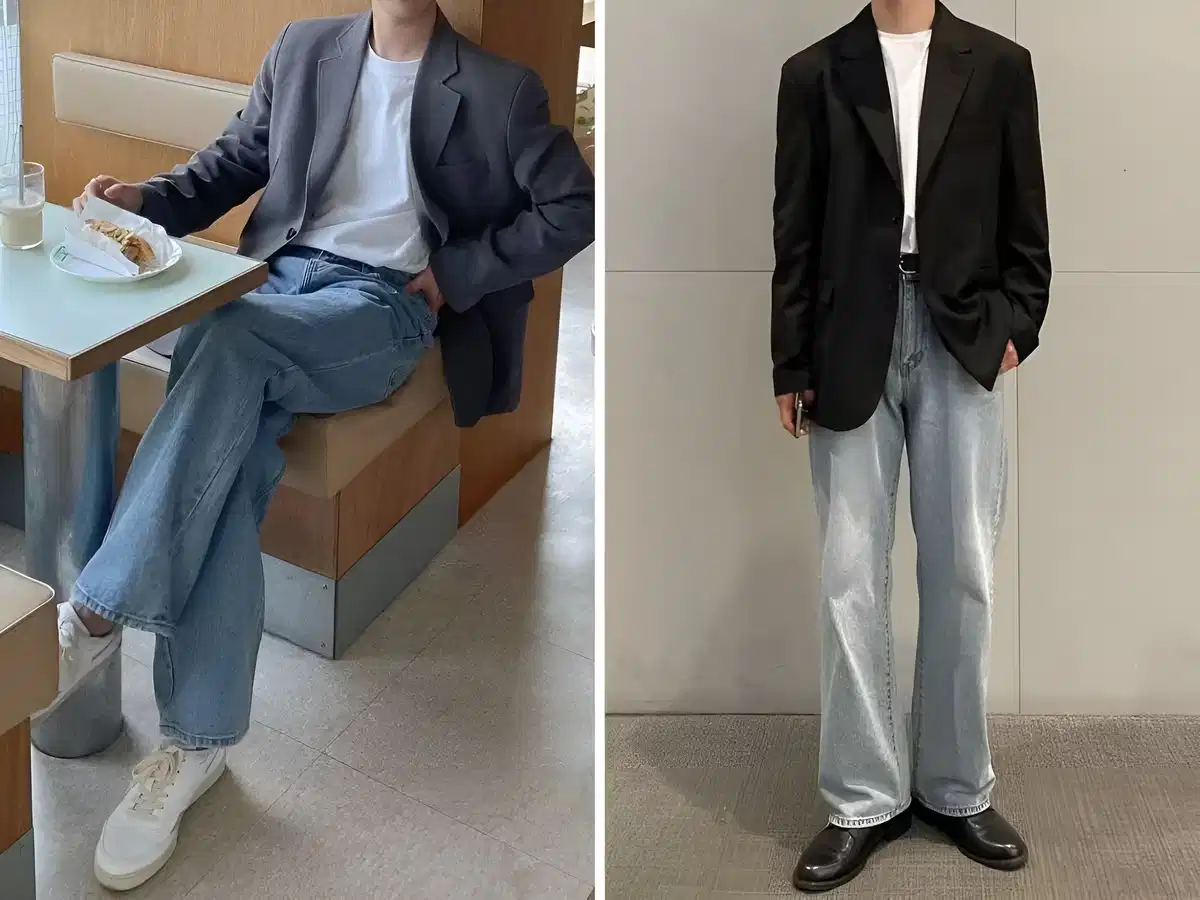 Blazer xanh navy phối áo thun trắng và quần jean xanh sáng