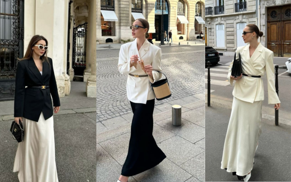 Blazer dáng ngắn phối chân váy maxi