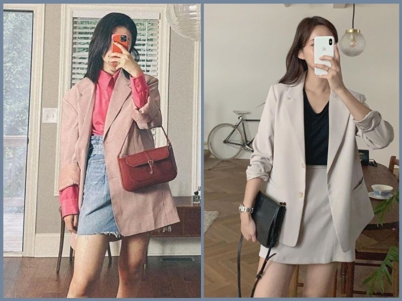 Blazer oversize phối chân váy mini