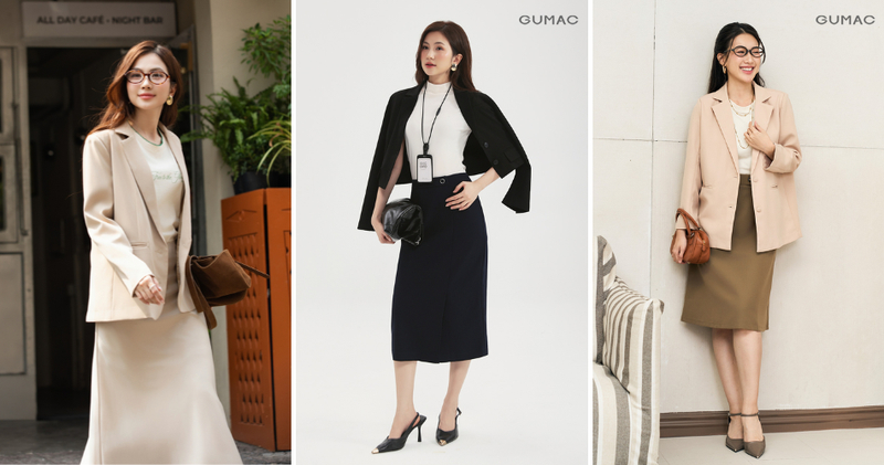 Blazer phối chân váy midi và áo kiểu