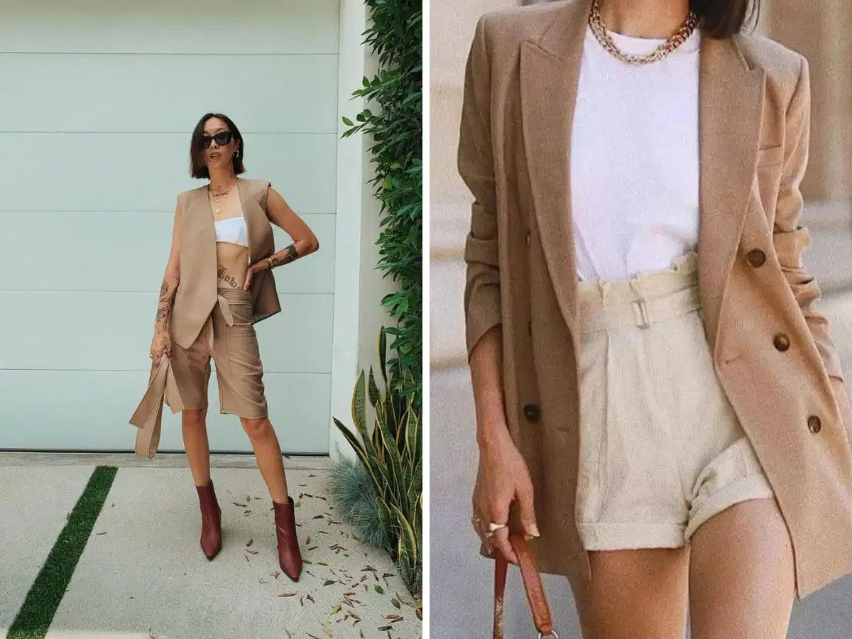 Blazer dáng dài và quần short Bermuda Phối blazer dáng dài cùng quần short hoặc bermuda cá tính