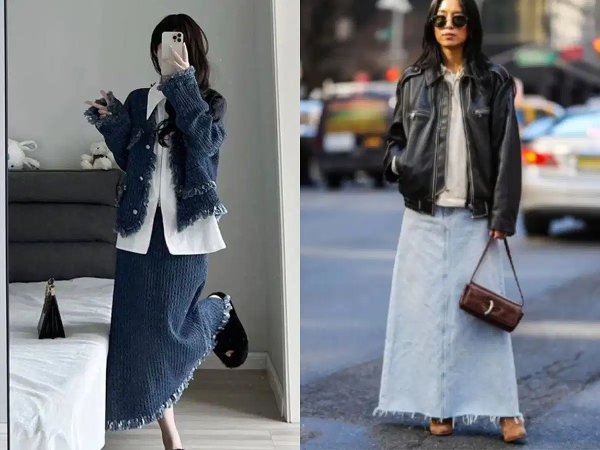 Chân váy xòe dài phối áo khoác denim hoặc da