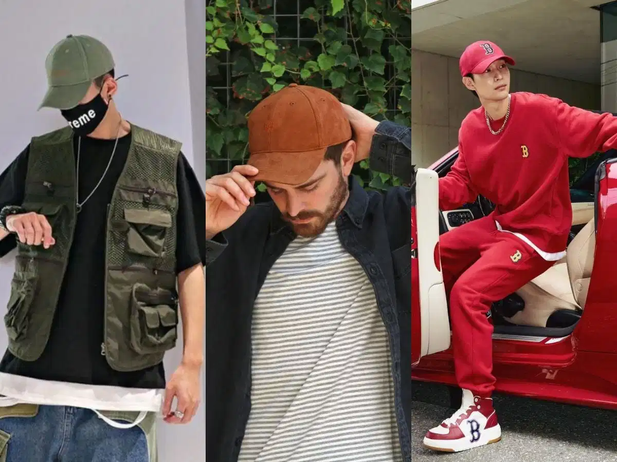Mũ lưỡi trai mang màu sắc nổi bật làm điểm nhấn cho trang phục tối giản