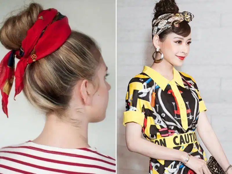 Khăn turban quấn quanh búi tóc củ tỏi trên đỉnh đầu