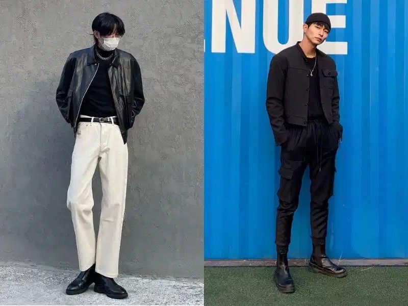 Quần jean đen phối áo sơ mi trắng và chelsea boots thanh lịch Quần jean đen phối áo sơ mi trắng và chelsea boots thanh lịch