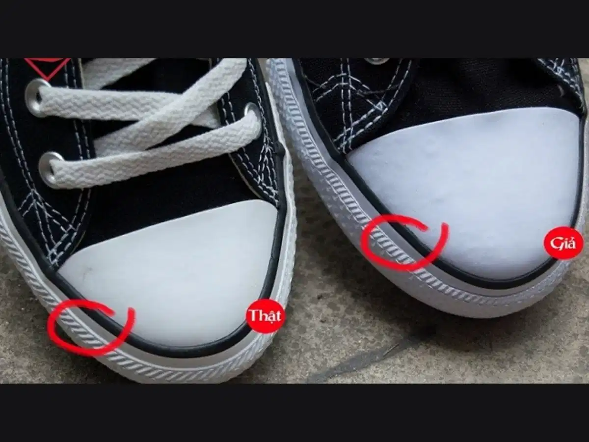 So sánh phần mũi cao su toe cap giữa Converse thật và giả