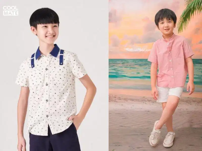 Áo sơ mi có cấu trúc nẹp cúc tạo khối cho thân trên của bé Áo sơ mi có cổ đứng phối cùng quần short cho bé diện mạo chỉn chu