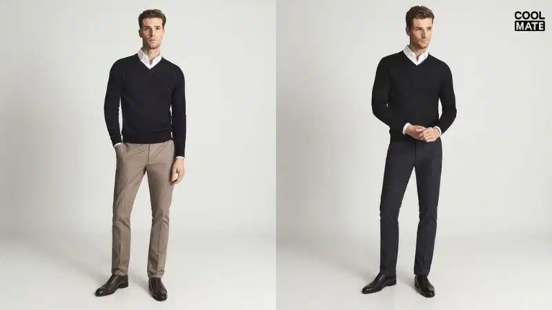 Áo sơ mi kết hợp áo len và giày da Layering áo sơ mi bên trong áo len cổ tròn cùng giày Oxford