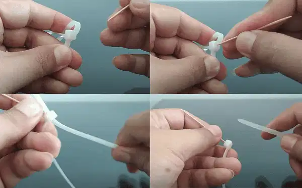 Dùng vật nhọn mở chốt lẫy Dùng vật nhọn mở chốt lẫy khóa dây rút nhựa