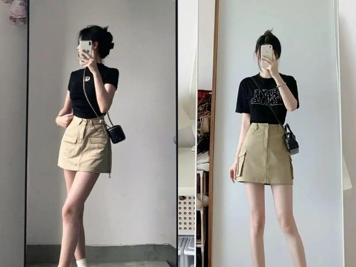 Áo thun đen phối chân váy chữ A