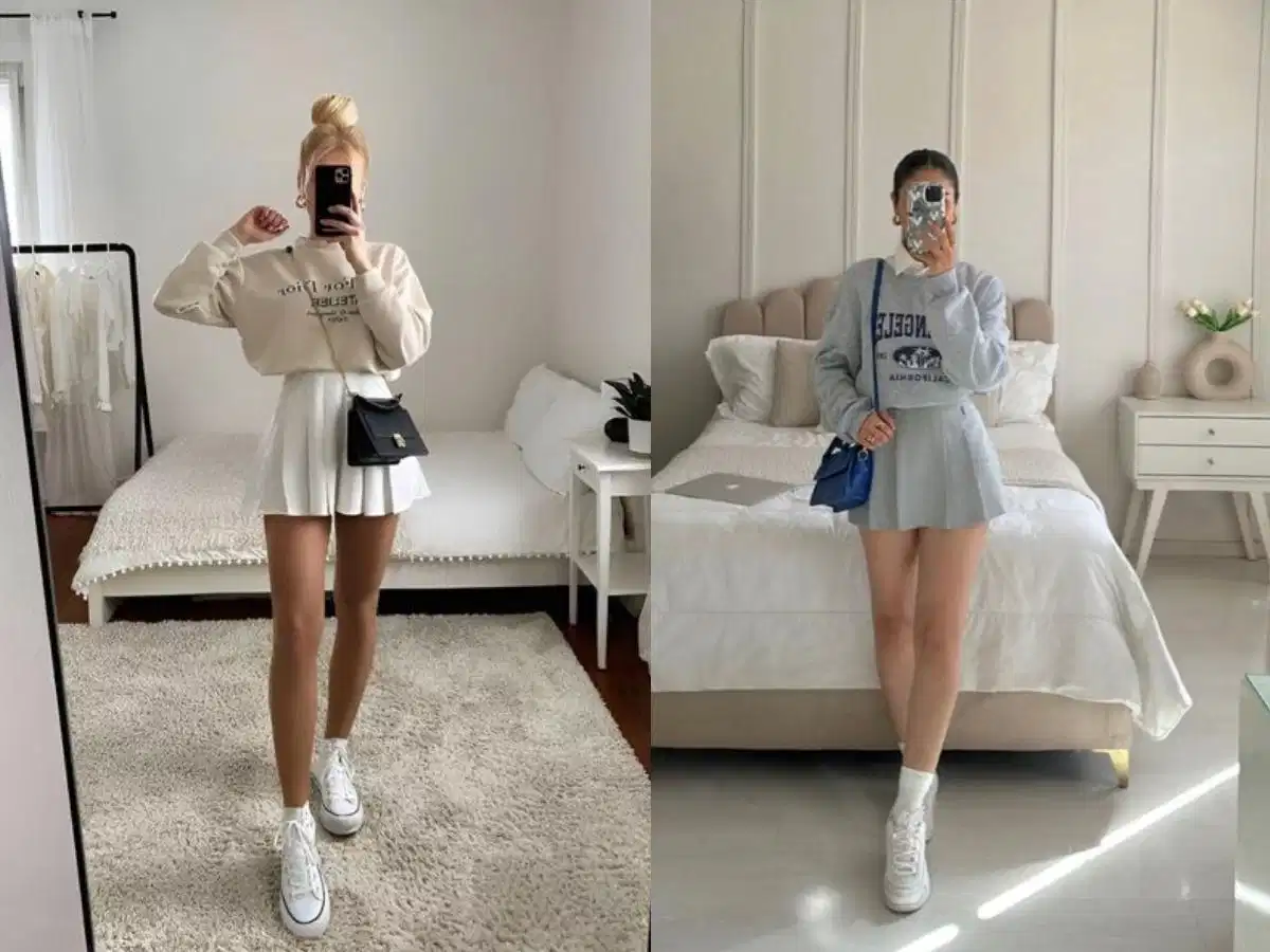 Chân váy tennis và giày thể thao Chân váy tennis phối với giày thể thao trắng