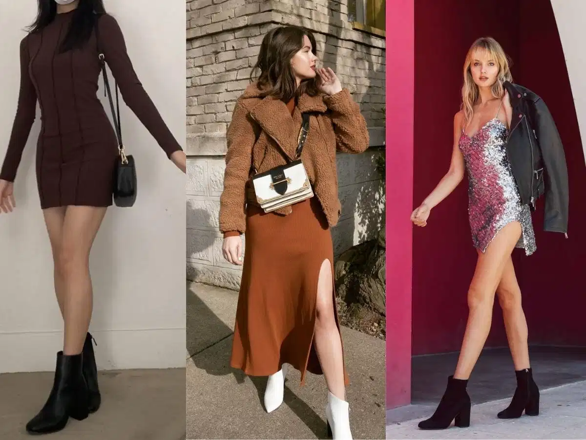 Chọn boot cổ ngắn dự tiệc Đầm bodycon dự tiệc phối cùng ankle boot da cổ thấp quý phái