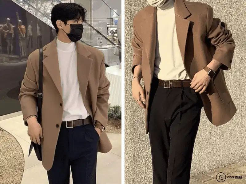 Blazer màu be phối áo cổ lọ trắng và quần đen