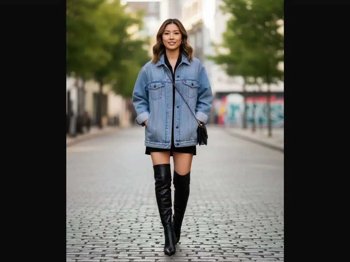 Phong cách giấu thân dưới với áo khoác denim oversized Cô gái phối áo khoác jeans oversized cùng boots cao cổ cá tính
