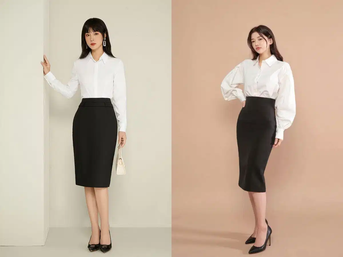 Phối áo sơ mi, chân váy bút chì và blazer thanh lịch Phối áo sơ mi, chân váy bút chì và blazer thanh lịch