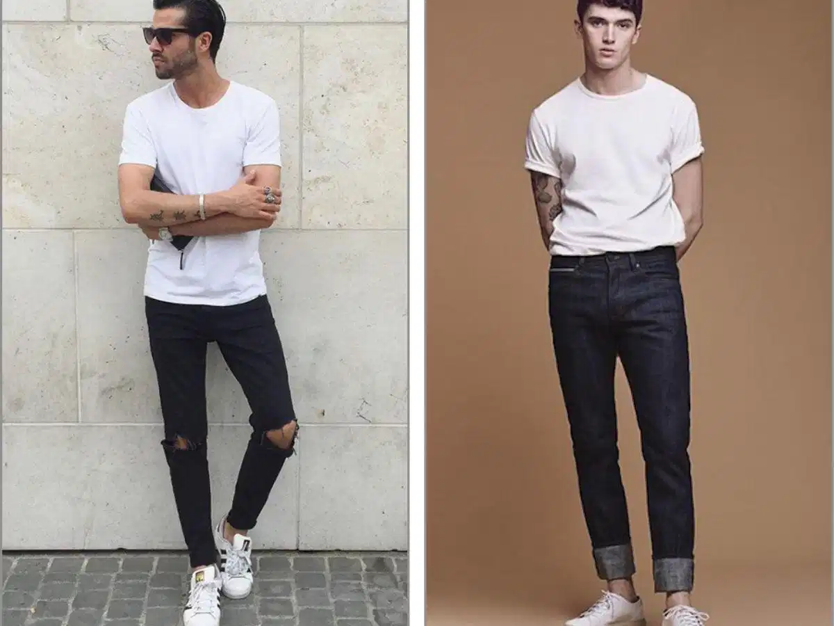 Combo kinh điển áo thun trắng và quần jeans Sự kết hợp giữa áo thun trắng trơn, quần jeans xanh và giày thể thao gọn gàng
