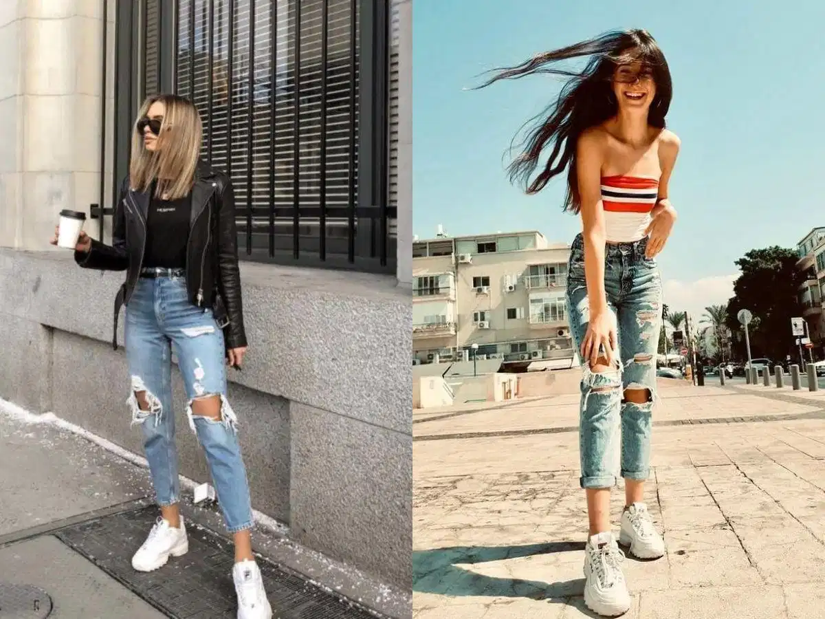 Quần jeans rách phối với giày Fila nữ