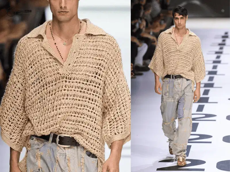 Áo móc crochet và quần jeans Áo len móc phối quần jeans rách cá tính