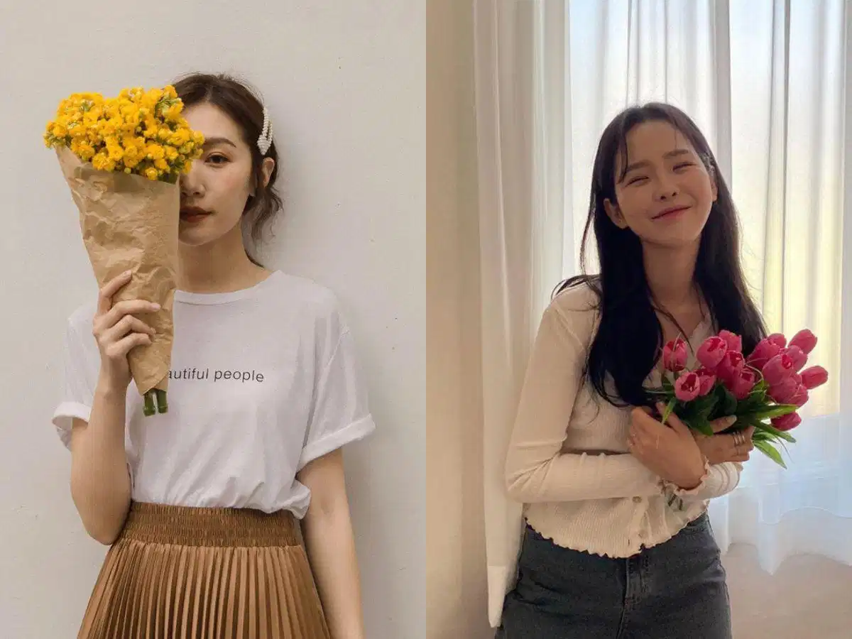 Tạo dáng đứng dựa nhẹ vào tường kết hợp hoa