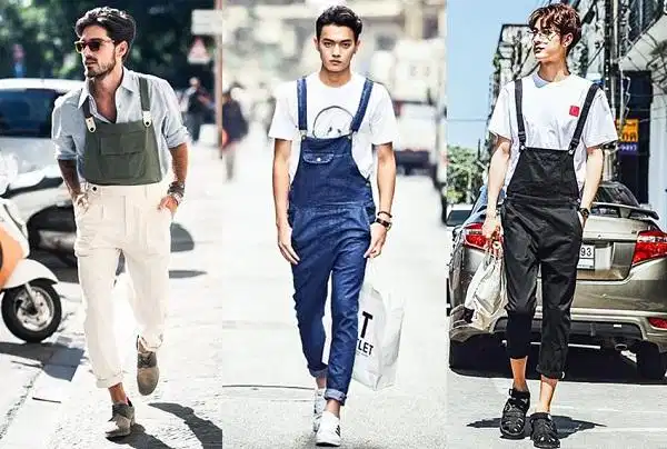Phối quần yếm nam denim màu sáng cùng áo thun trắng trơn năng động