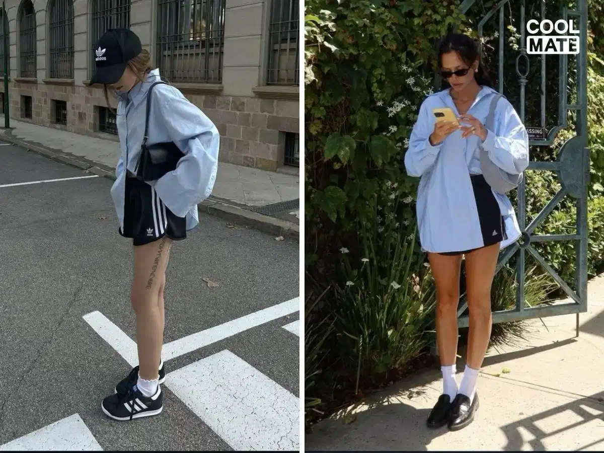Khoác áo sơ mi ngoài quần short thể thao nữ