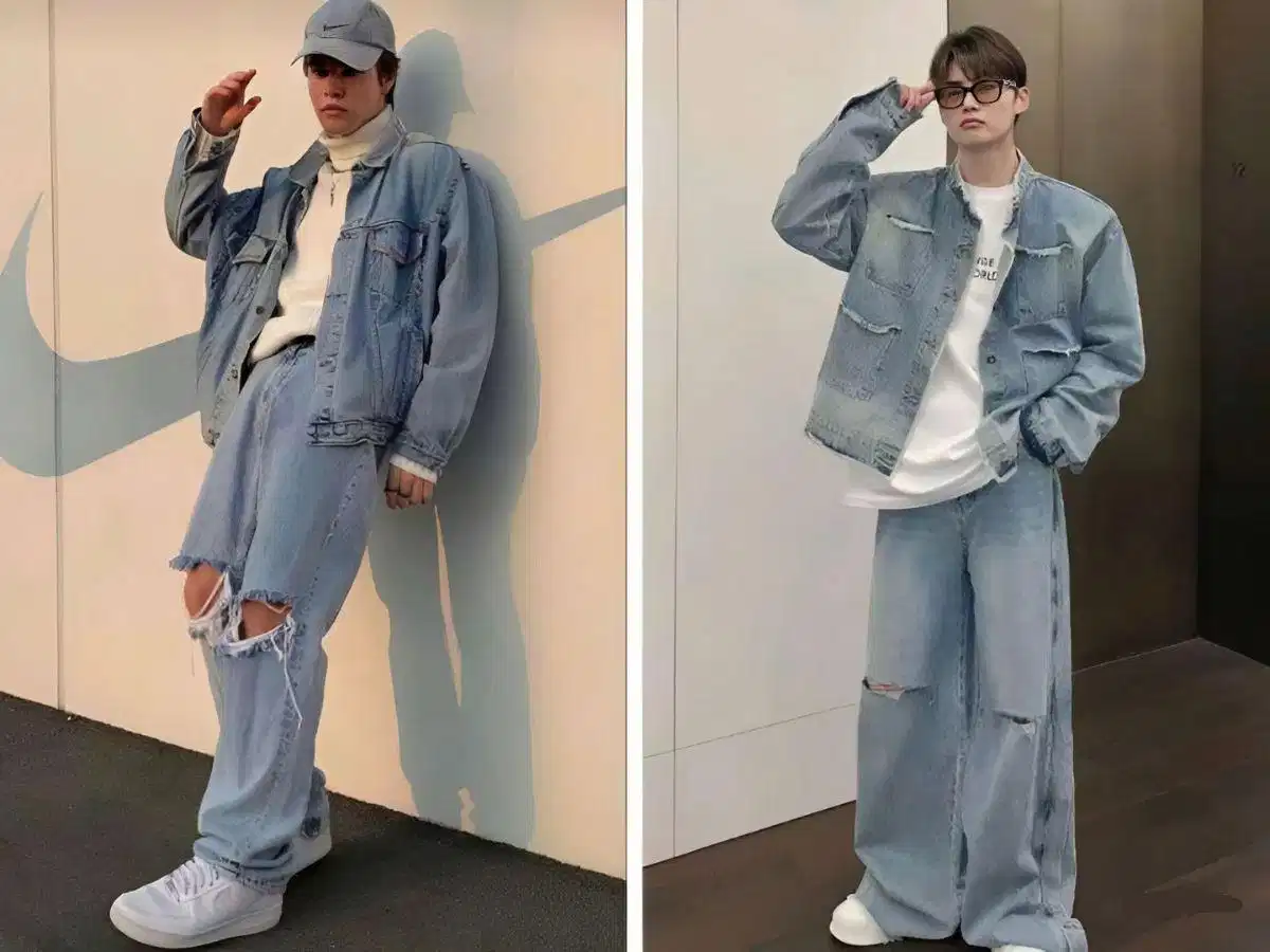 Phong cách denim on denim với áo khoác jeans và quần baggy jeans nam Phong cách denim on denim với áo khoác jeans và quần baggy jeans nam