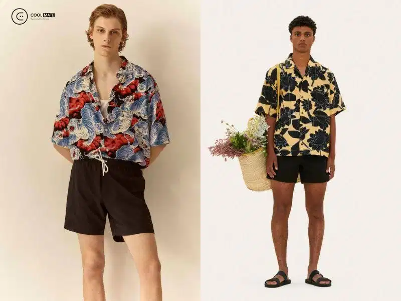 Sơ mi họa tiết đi biển kết hợp quần short trơn màu nhã nhặn Sơ mi họa tiết đi biển kết hợp quần short trơn màu nhã nhặn