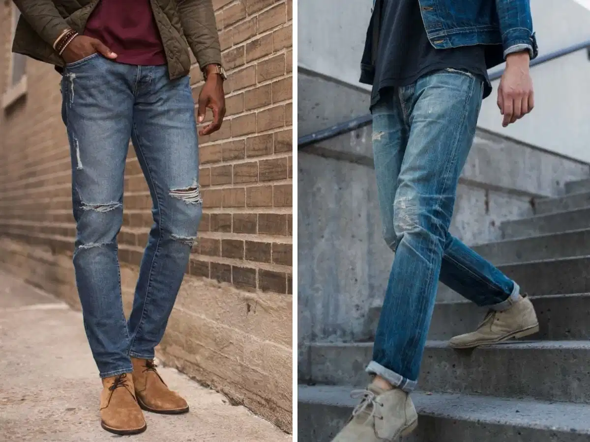 Phối Chukka boots với jeans rách nhẹ và áo khoác da Phối Chukka boots với jeans rách nhẹ và áo khoác da