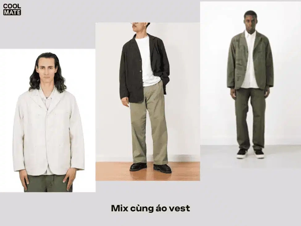 Sự pha trộn phá cách giữa blazer lịch thiệp và fatigue pants thô mộc Sự pha trộn phá cách giữa blazer lịch thiệp và fatigue pants thô mộc