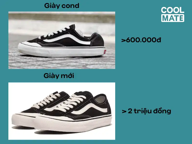 Giày mới và giày cond sẽ có giá chênh lệch khá lớn Khoảng chênh lệch giá thành giữa đồ mới và đồ cond