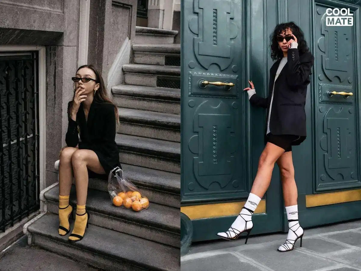 Sandal cao gót quai mảnh phối với tất nữ Sandal cao gót quai mảnh phối với tất nữ