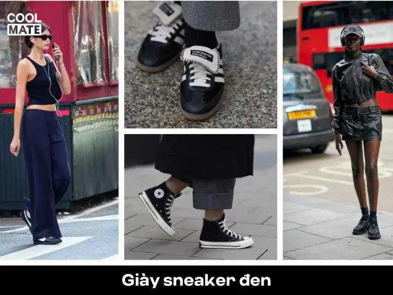 Giày sneaker đen nữ phối với trang phục hằng ngày