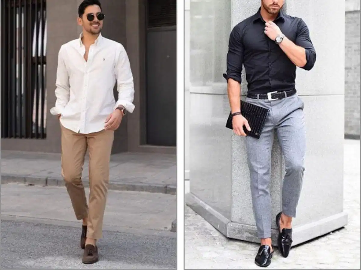 Áo sơ mi và quần kaki thanh lịch Áo sơ mi kết hợp quần kaki tạo vẻ ngoài thanh lịch mà không bị gò bó