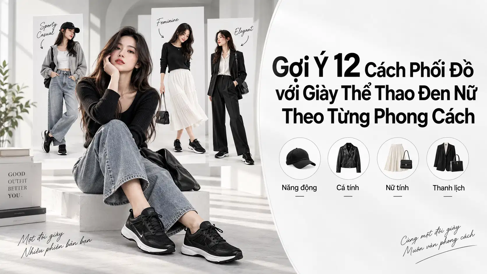 Gợi Ý 12 Cách Phối Đồ với Giày Thể Thao Đen Nữ Theo Từng Phong Cách