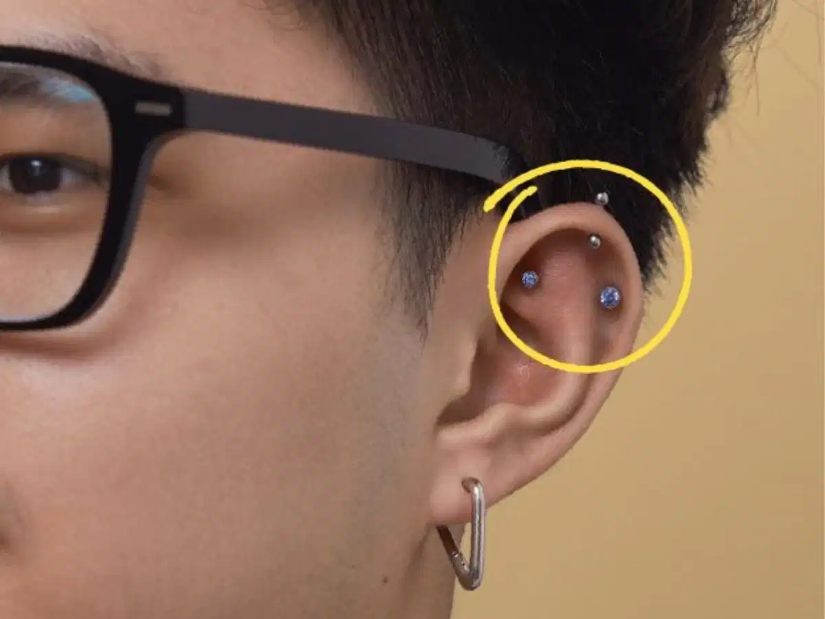 Helix là vị trí xỏ sụn tai phổ biến, nằm ở phần sụn cong của vành tai trên Helix là vị trí xỏ sụn tai phổ biến, nằm ở phần sụn cong của vành tai trên
