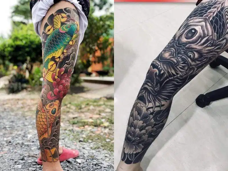 Hình xăm rồng phủ kín bắp chân nam giới