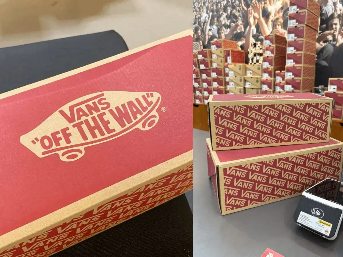 Hộp giày Vans chính hãng với cấu trúc carton cứng cáp và tem nhãn sắc nét