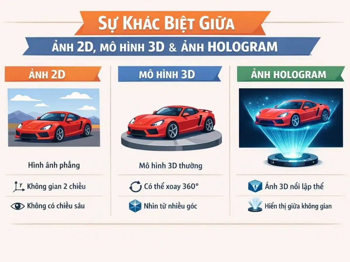 So sánh ảnh 2D, hình chiếu 3D và hình ảnh hologram