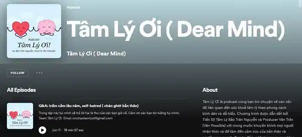 Kênh podcast Tâm Lý Ơi Giao diện chương trình Tâm Lý Ơi trên nền tảng Spotify