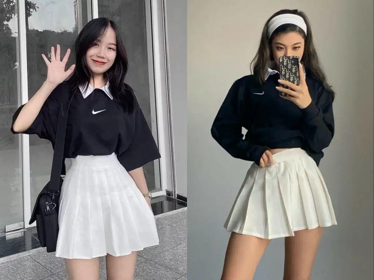 Áo thun đen phối chân váy tennis