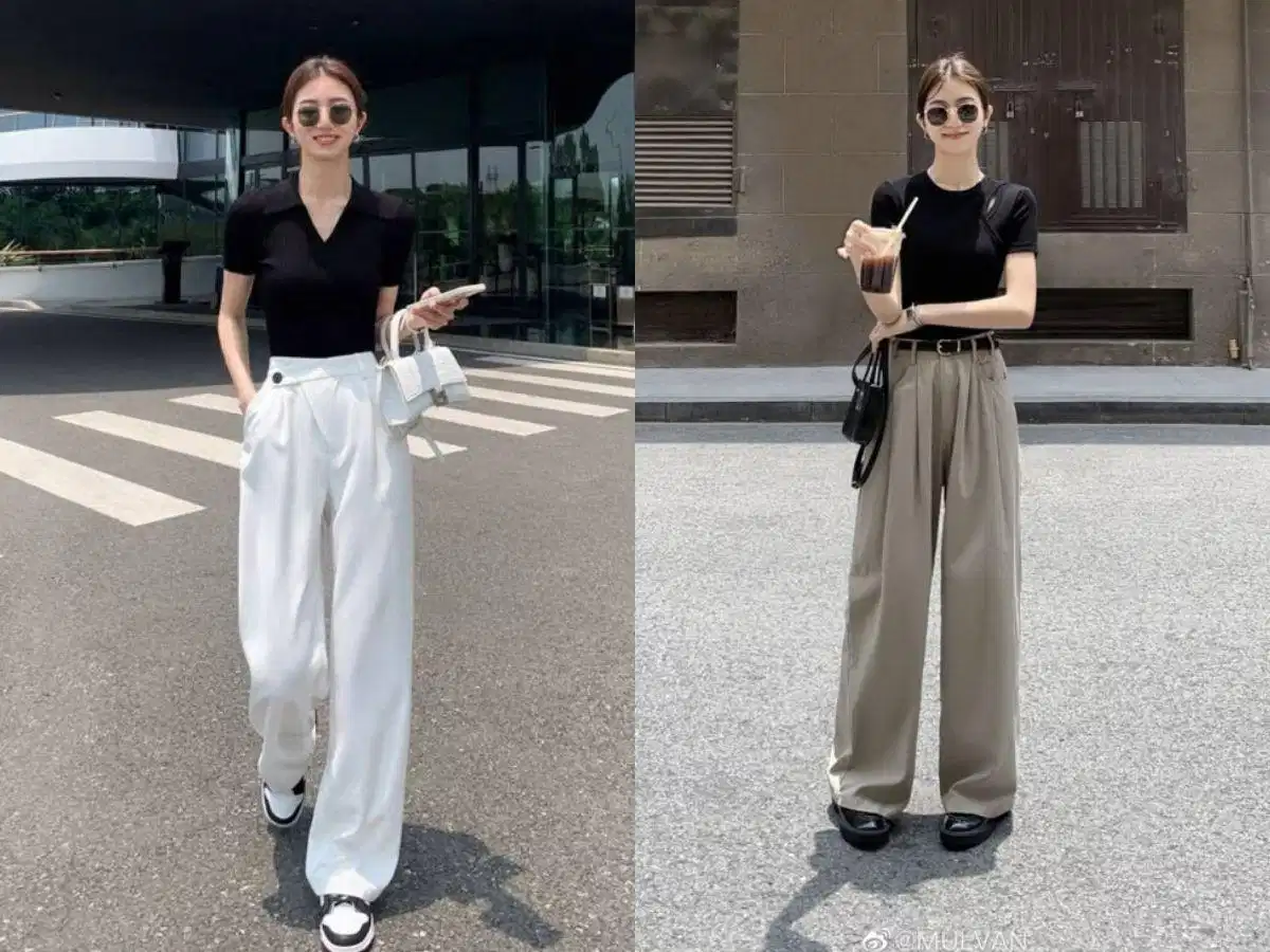 Áo thun đen phối quần tây sáng màu